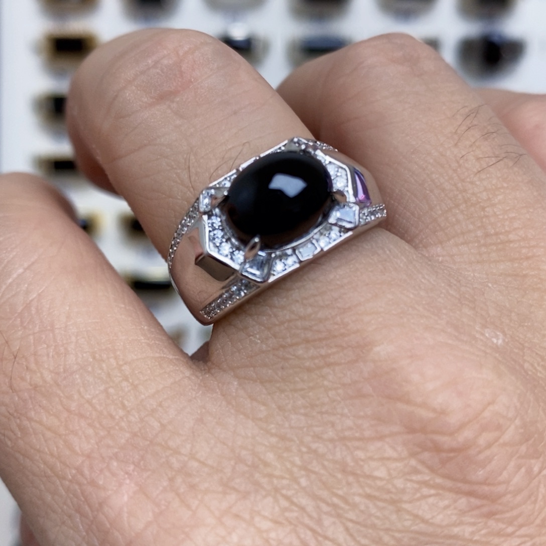 翡翠银S925镶嵌戒指墨翠戒指