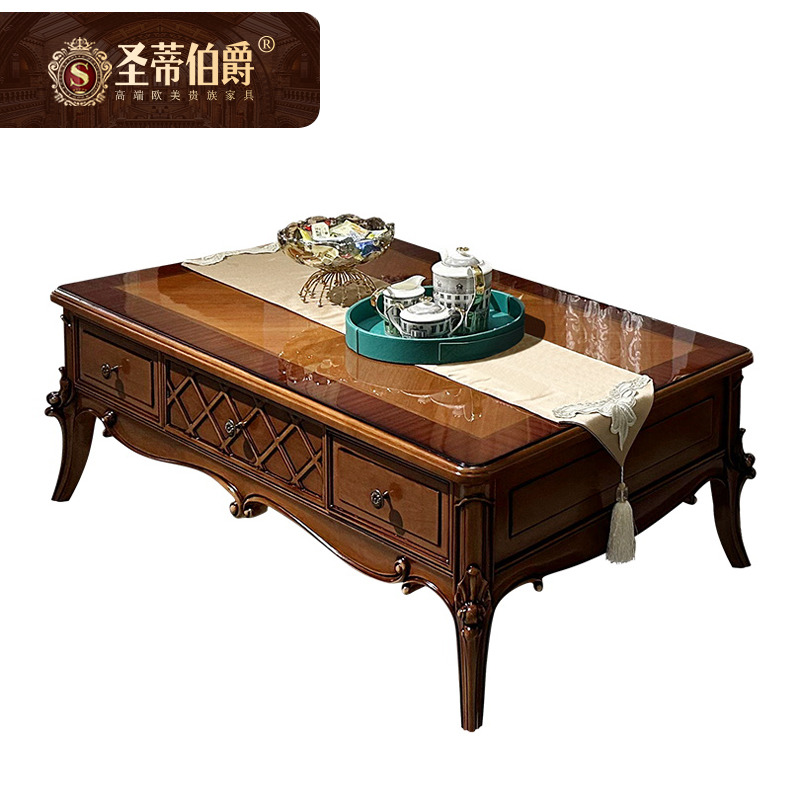 美式轻奢全实木茶几欧式复古花咖啡桌客厅电视柜茶几组合家用简约