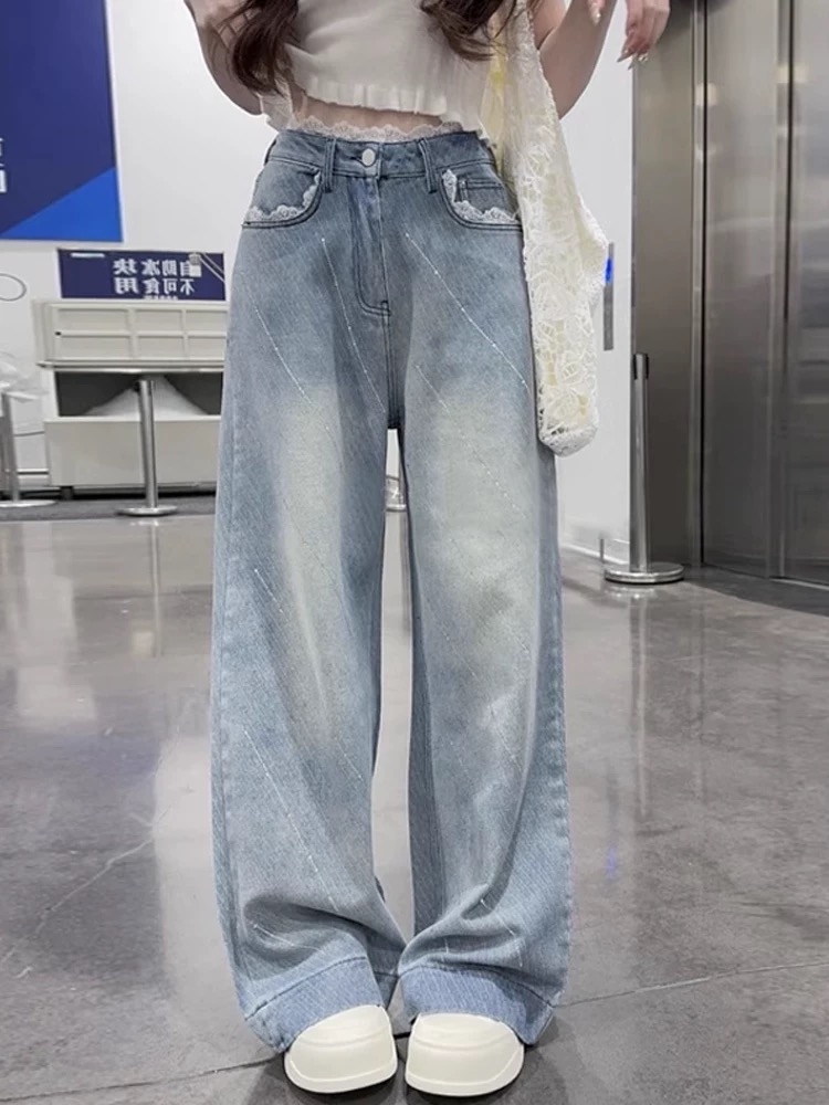 流星雨●牛仔裤预显瘦直筒休闲百搭小众设计感个子高腰阔腿裤百搭