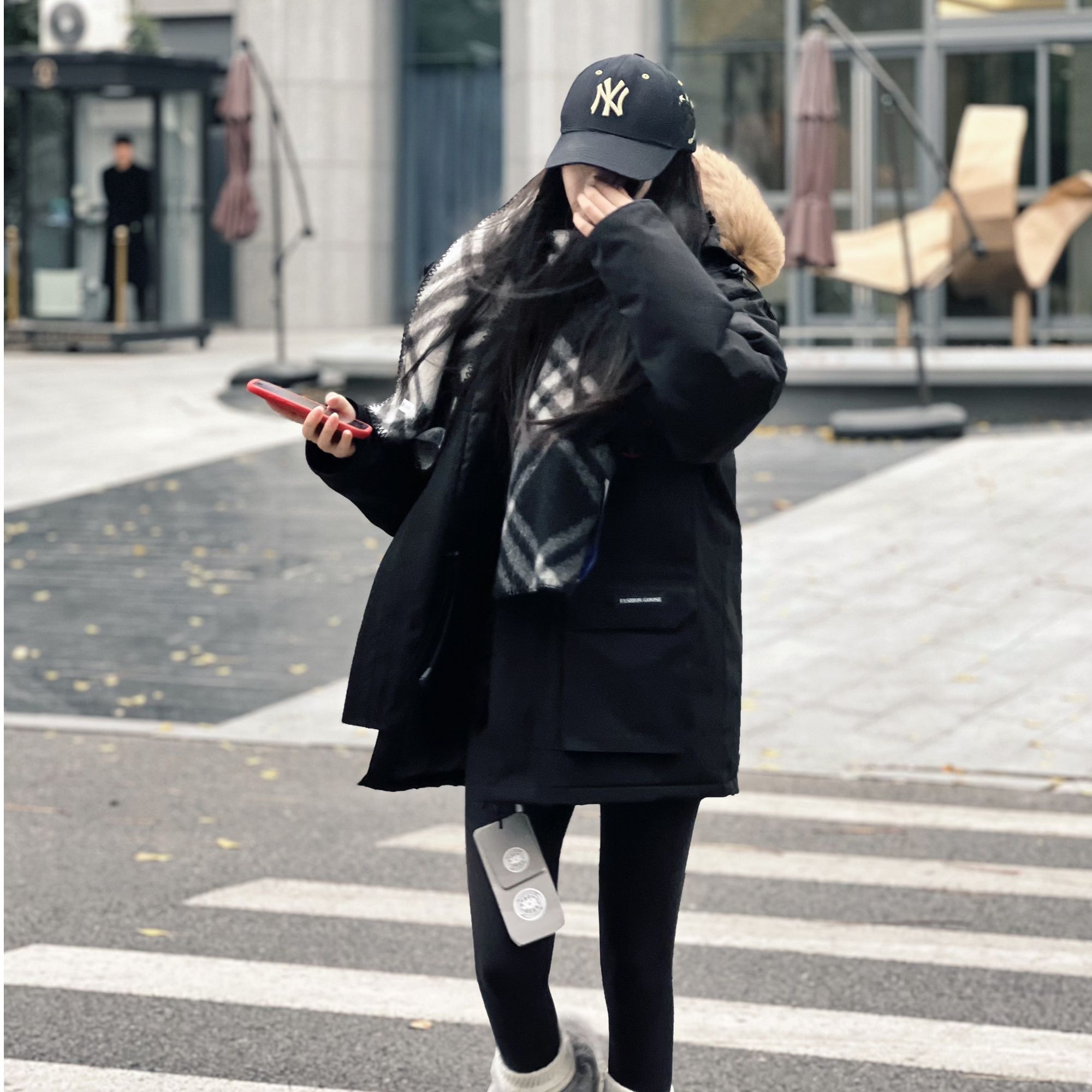 Fashion Goose升级款情侣羽绒服厚款情侣拒污拉链连帽黑色中长款