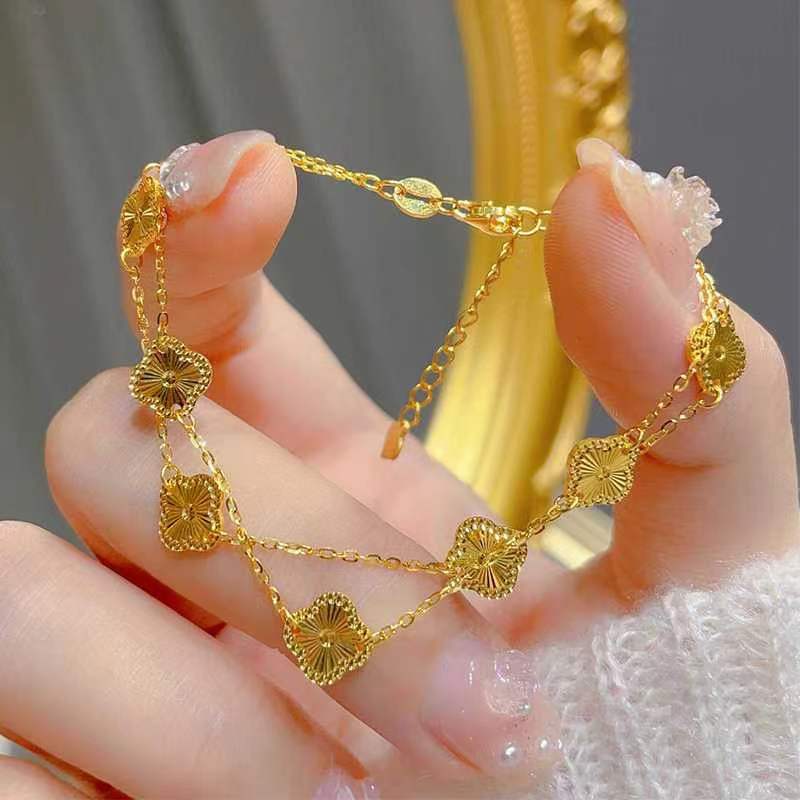 手链 双层镭射四叶草手链  时尚百搭叠戴手链