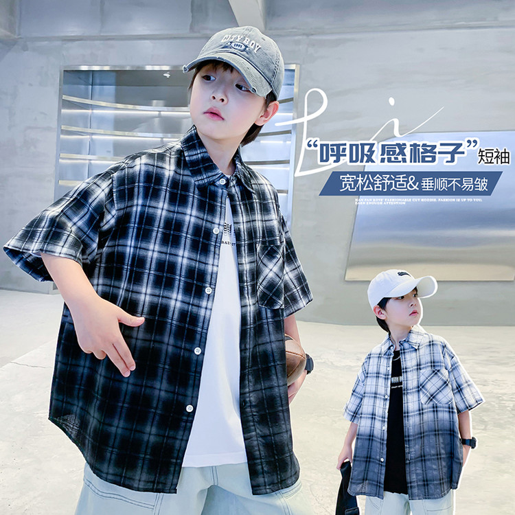 2025儿童夏款渐变格子棉衬衫
