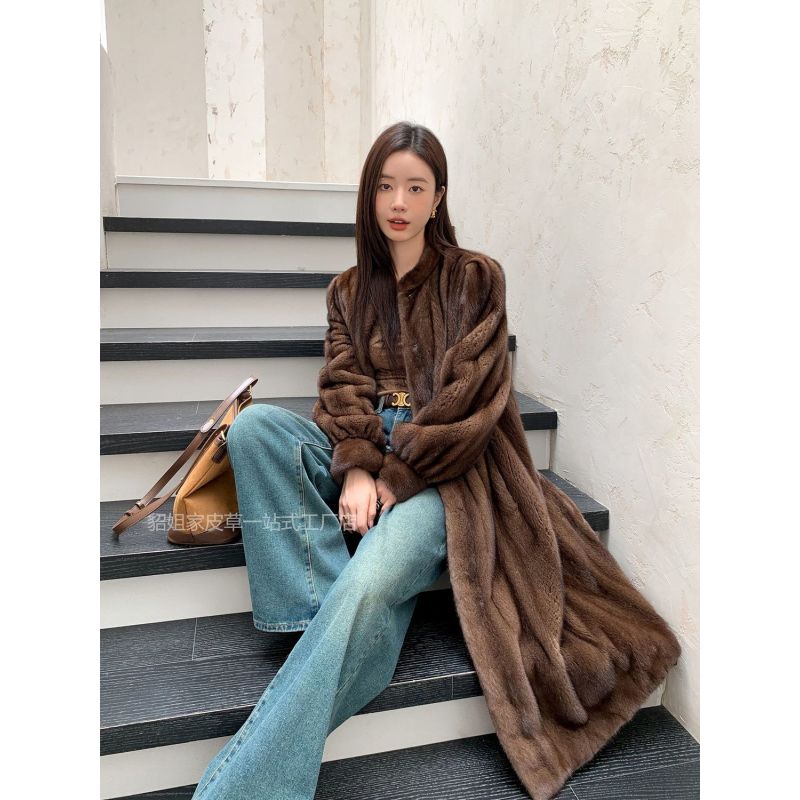 25新款进口天鹅绒小母貂满刀全抽貂皮大衣女整貂长款水貂皮草外套