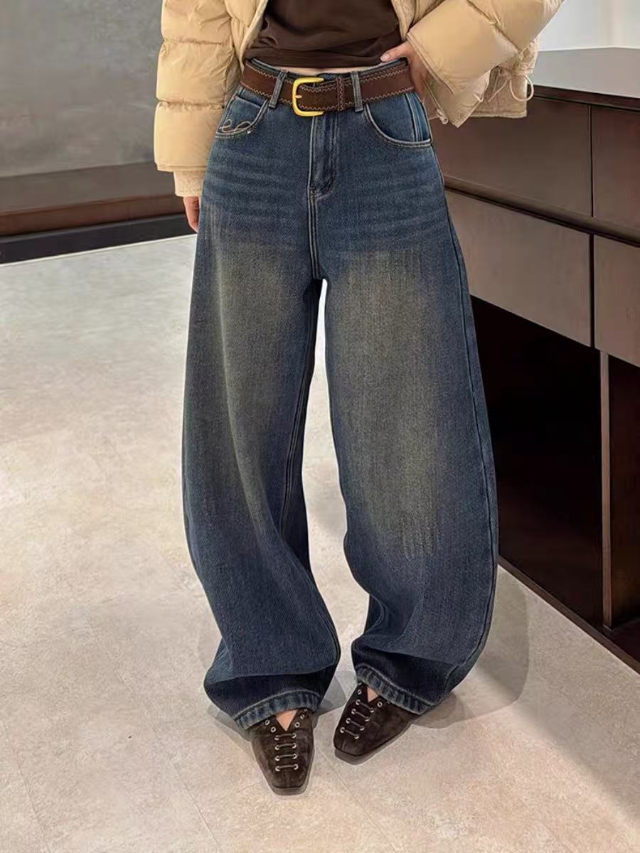 25996-31452 加绒加厚款休闲裤时尚弯刀直筒阔腿牛仔裤