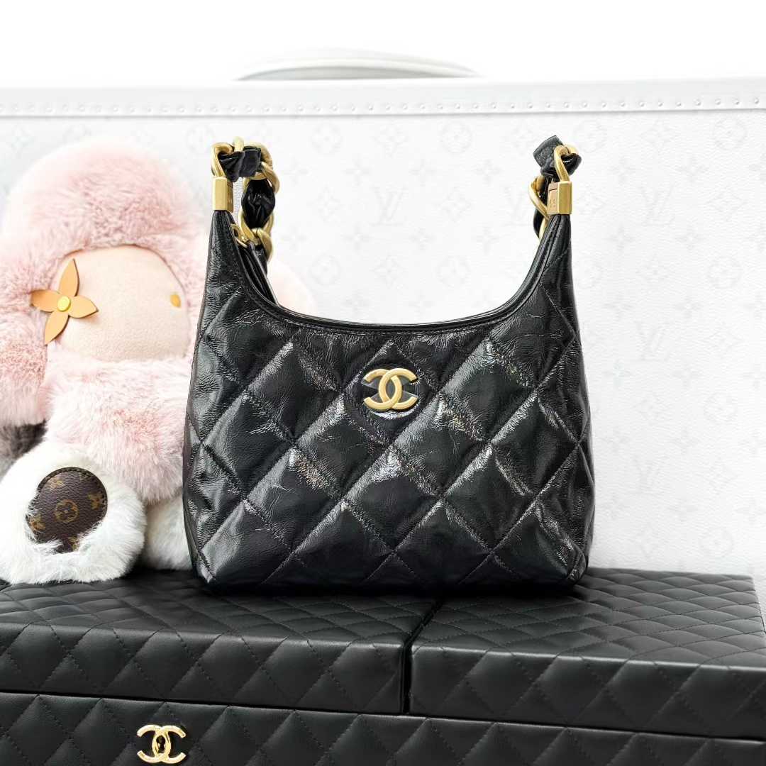 99新 Chanel/香奈儿 25A新款黑色菱格纹hobo单肩包