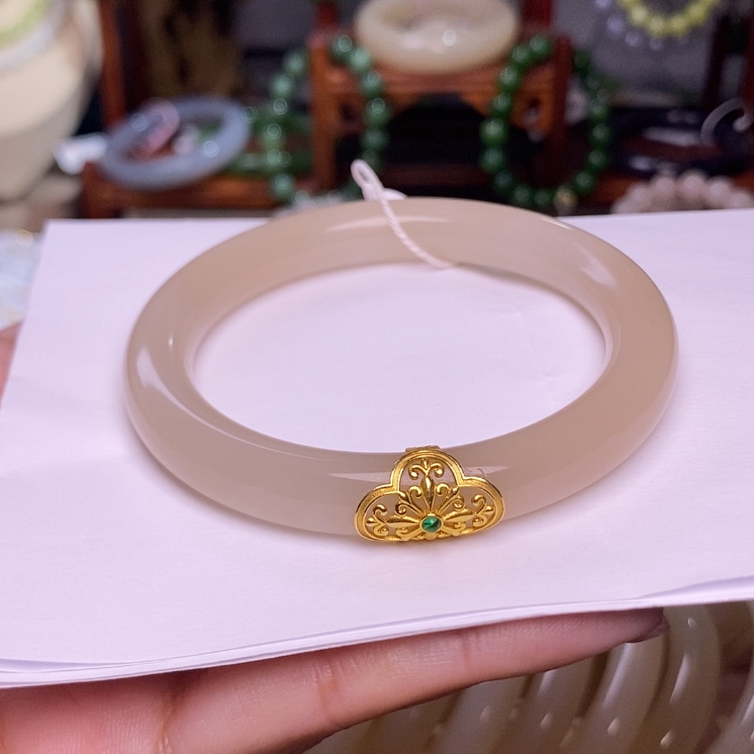 和田玉藕粉老料红粉收藏手镯58圈未镶嵌