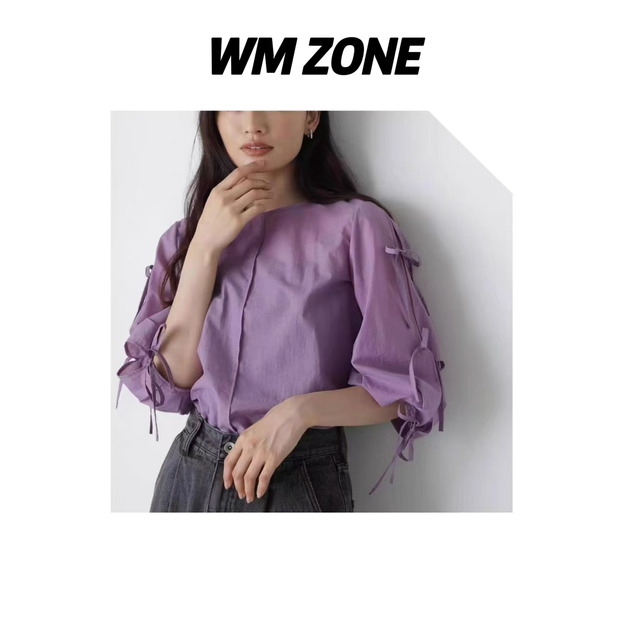 虎儿 3-9-2545 甜美蝴蝶结系带七分袖衬衫