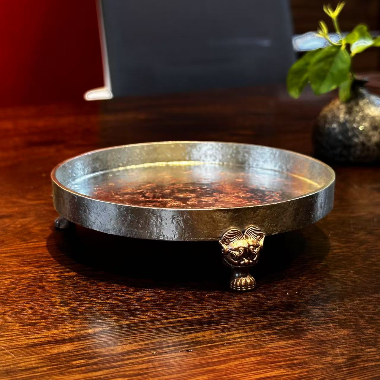 纯锡全手铜三足圆盘干泡盘