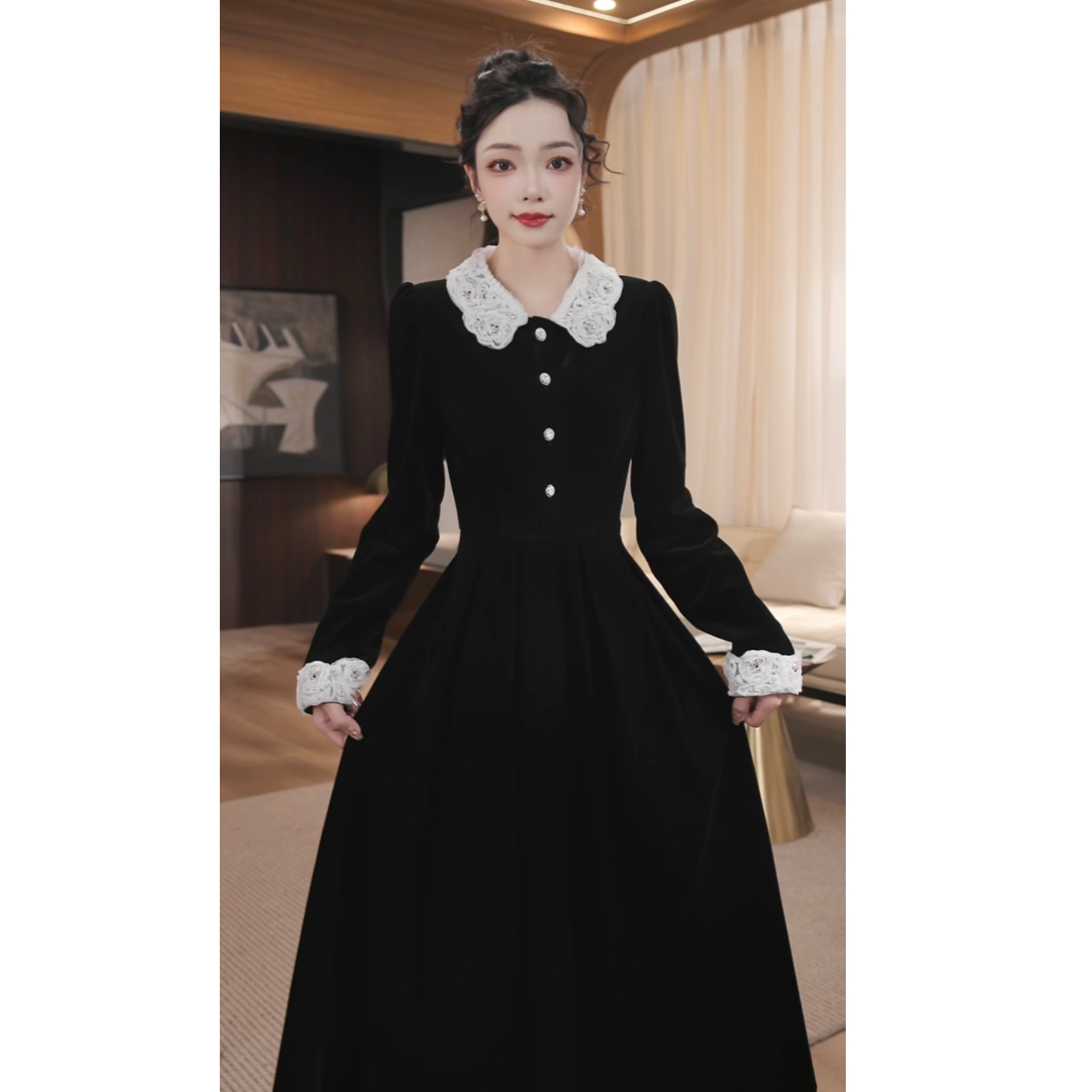 薇薇儿米粒-【朝云落梦】秋季新款法式高级感长袖连衣裙-59155K