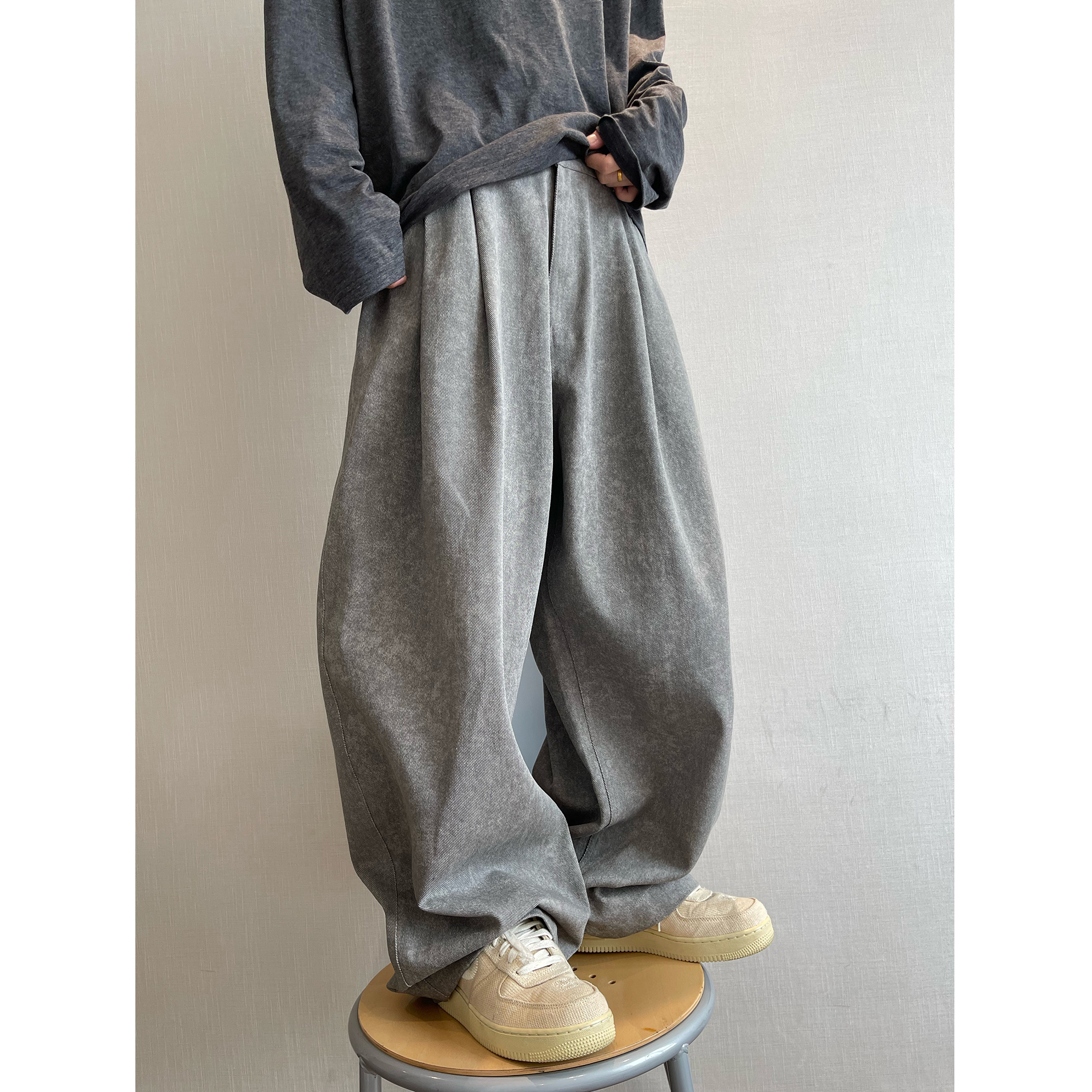 dannyandzee秋季百搭街头痞帅做旧水泥色扎染廓形帆布工装裤803