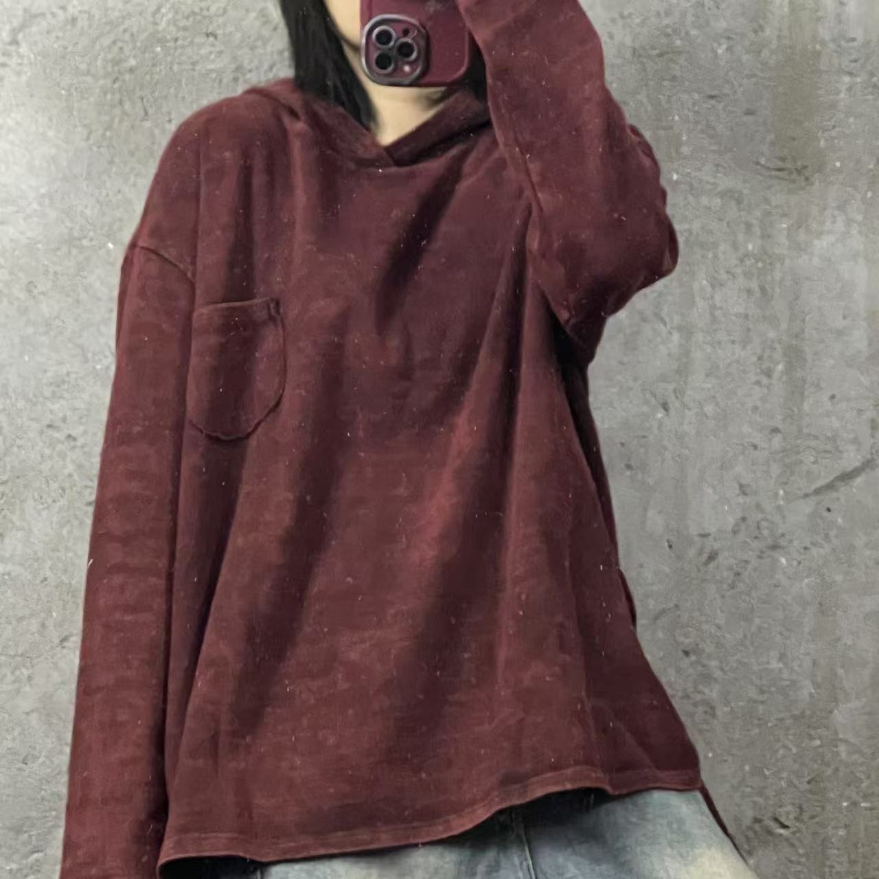 HZ 2519 连帽植物染色百搭宽松休闲两侧系绳T恤（胸围130 衣长65）