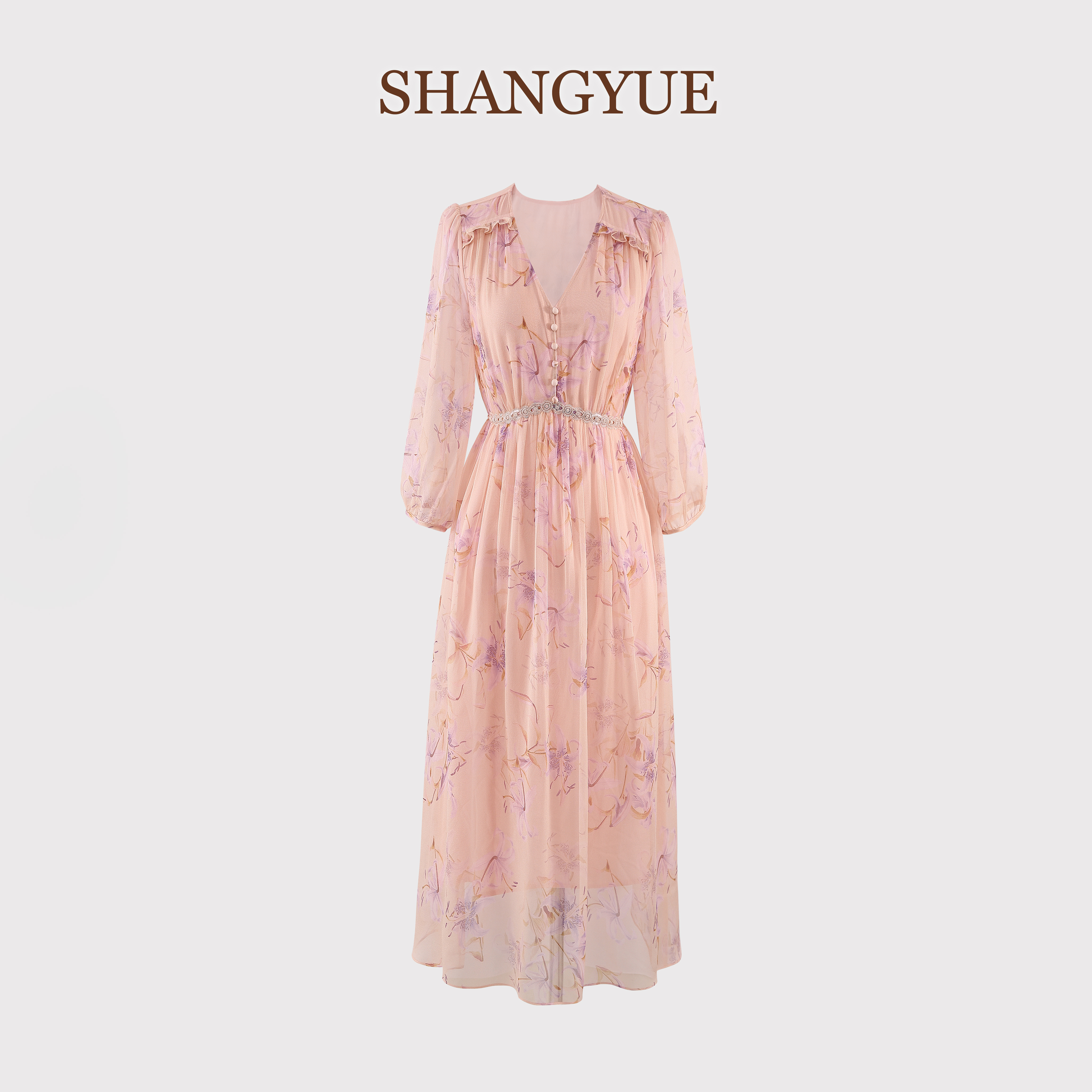 “粉紫佳人”重磅6A乔其真丝100%桑蚕丝印花宽松系带女装连衣裙C105