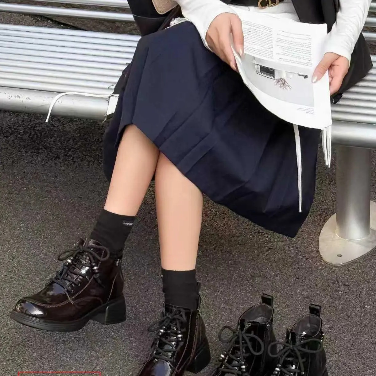 高蒂｜新款加绒及踝乐福鞋粗跟系带百搭时装短靴机车靴 54353-806