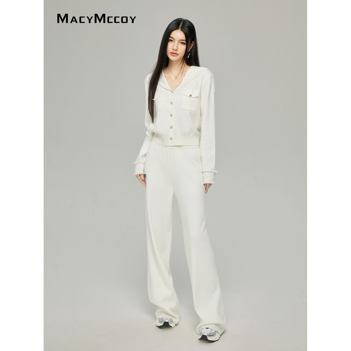 【毛毛专属】MacyMccoy大翻领针织套装女2025早春糯亲肤上衣阔腿裤