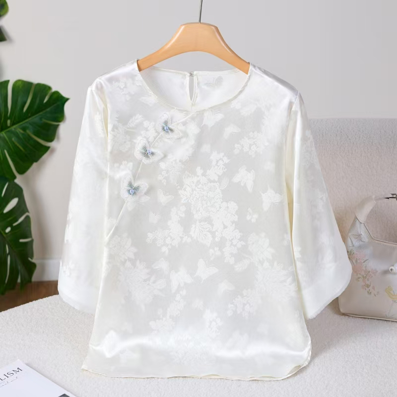 【香菲蝶】夏季新款新中式短袖女装打底衫提花衬衣百搭显瘦上衣国风