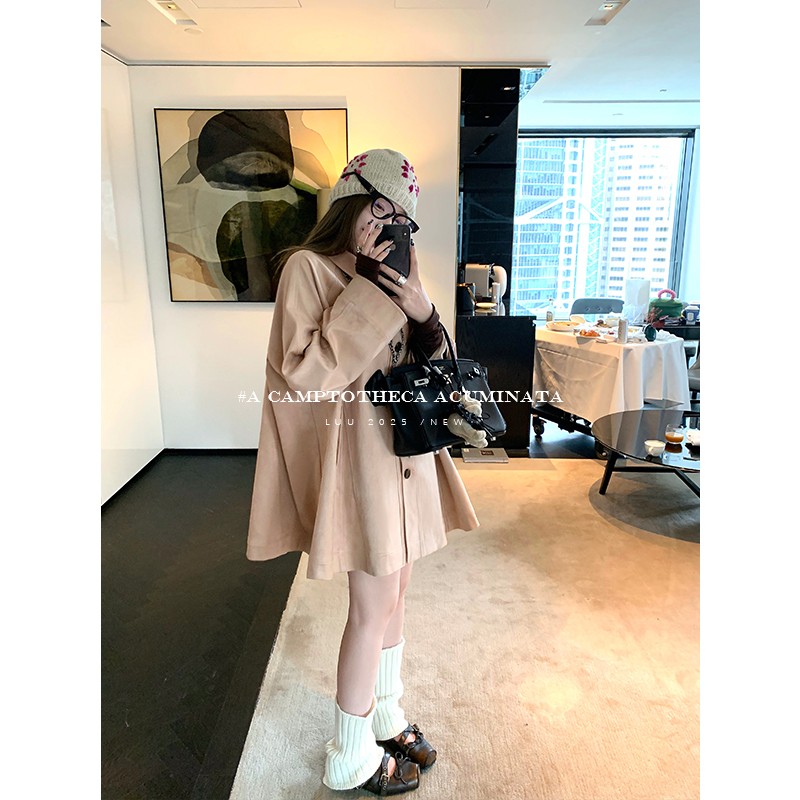 LUU桃喜儿/粉色翻领宽松皮外套女秋冬设计感小众休闲韩系上衣