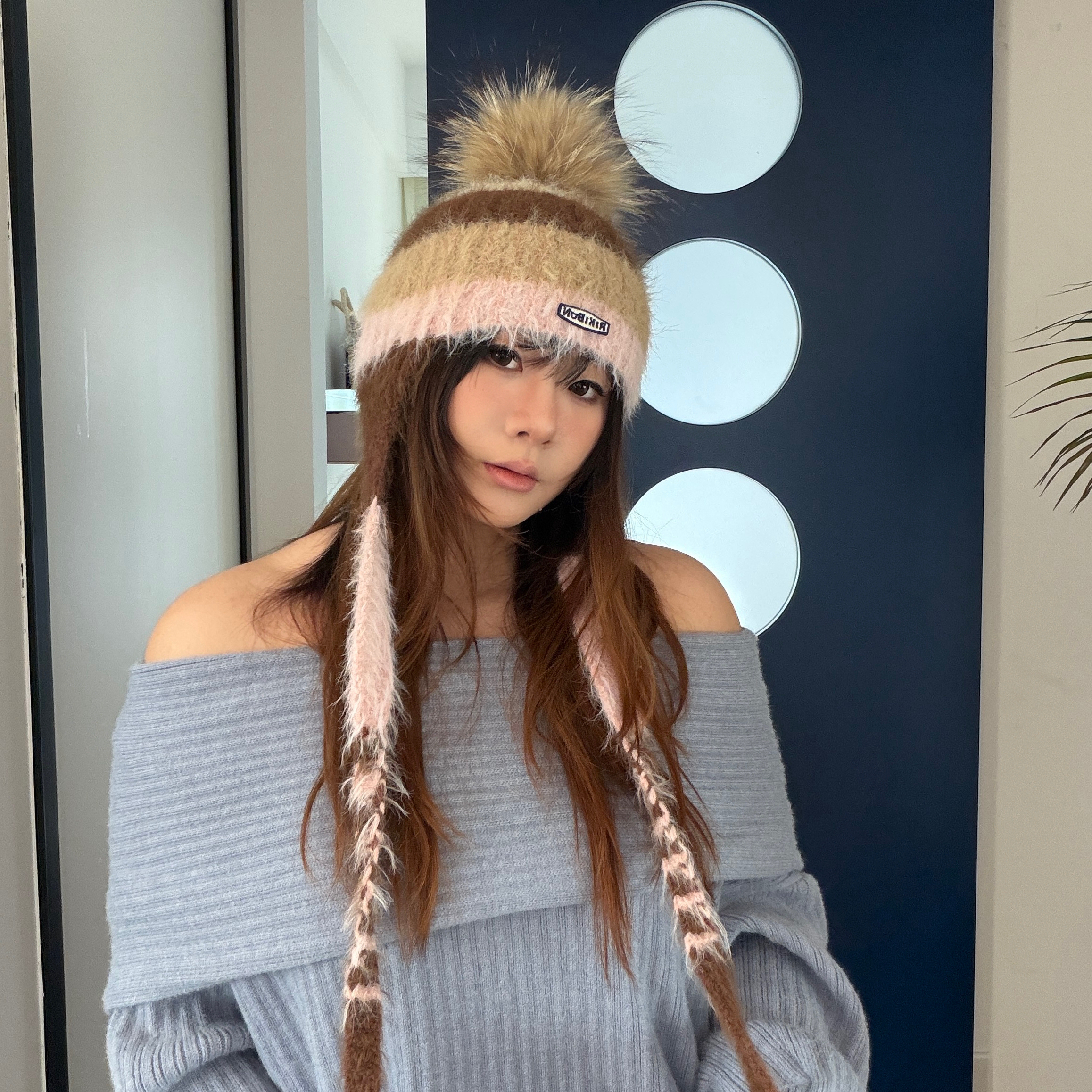 295 大头围显脸小韩版秋冬毛球时尚百搭冬季彩色条纹针织帽