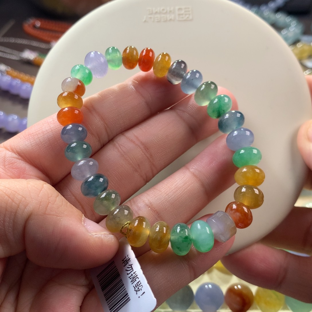 翡翠手链未镶嵌冰种浓艳彩多宝鼓珠手串