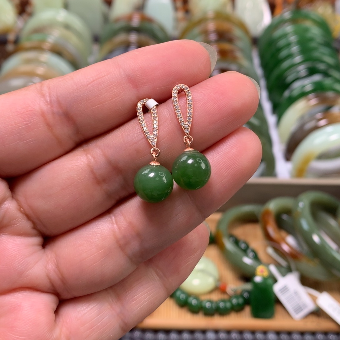 和田玉（碧玉）银S925镶嵌耳饰