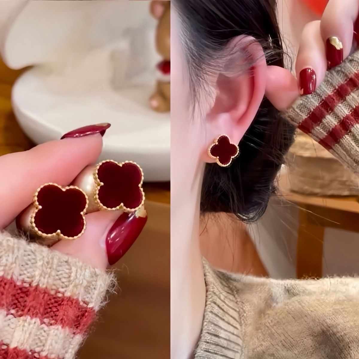 合金耳饰 925银针丝绒红色花朵珠珠耳钉气质一款两戴耳环耳饰女