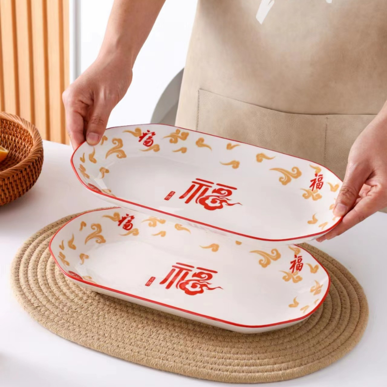 新年五福鱼盘12英寸 大号陶瓷盘2只装家用网红创意蒸鱼长方形鱼盘