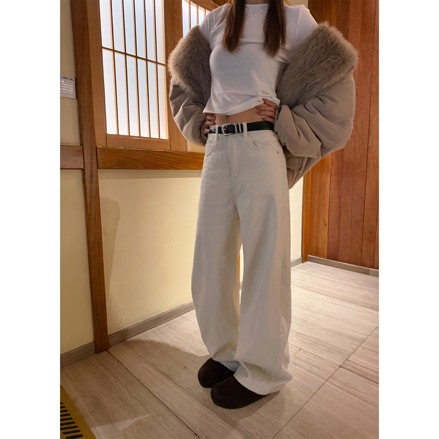 DYANGJUN【百搭白牛】2025年冬季新款微绒百搭有弹性白色宽松休闲裤