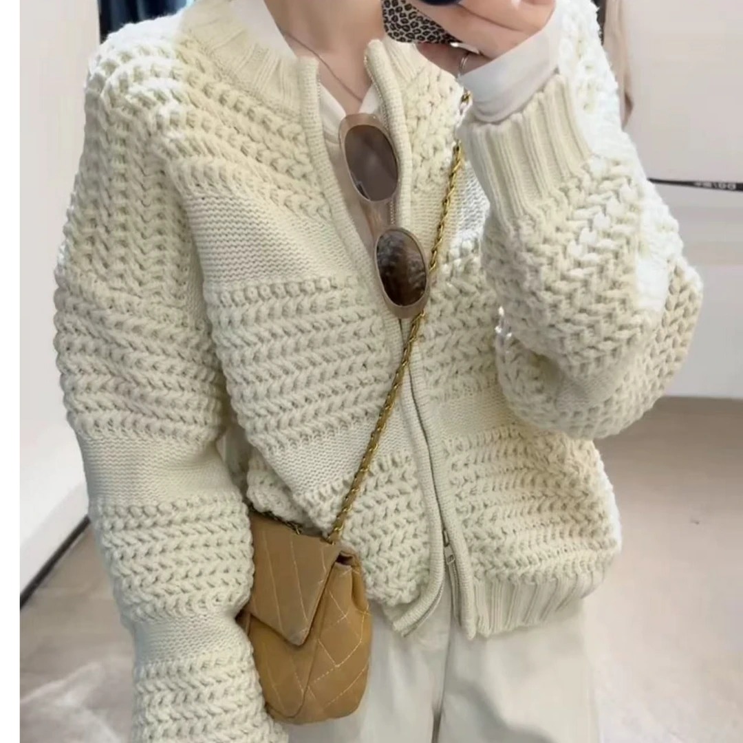 纯色慵懒风拉链粗针毛衣设计感开衫上衣20215秋冬新款高级感外套