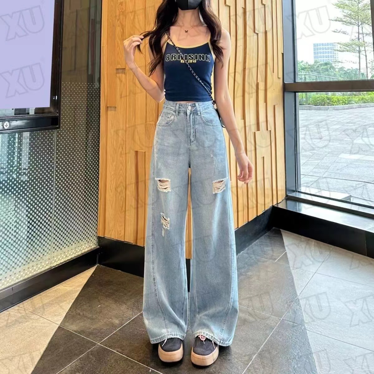 0067破洞牛仔裤女新款高腰显瘦直筒拖地裤