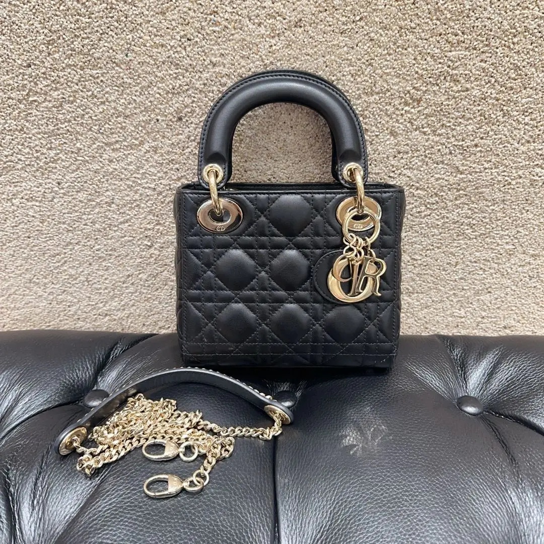 99新 DIOR/迪奥 Dior 戴妃包 黑色 藤格纹 羊皮 三格 金扣