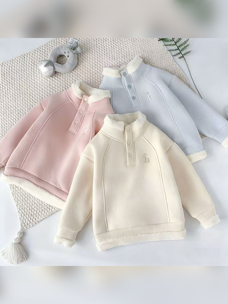 新款女童卫衣加绒加厚时尚百搭冬季保暖上衣洋气长袖立领排扣款