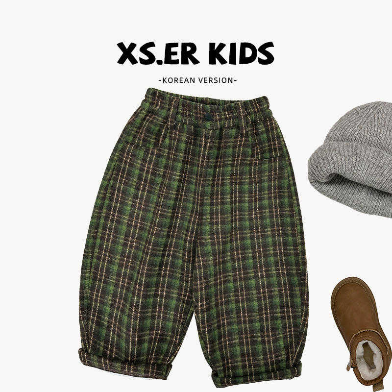 【小饭团】男女童秋季格子简约韩版休闲宽松格子裤HBB6648