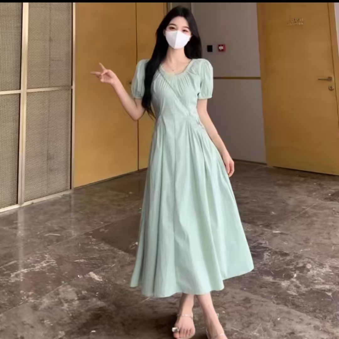 （筱安专属）法式高级感薄荷绿连衣裙夏季胖mm显瘦泡泡袖v领裙1547