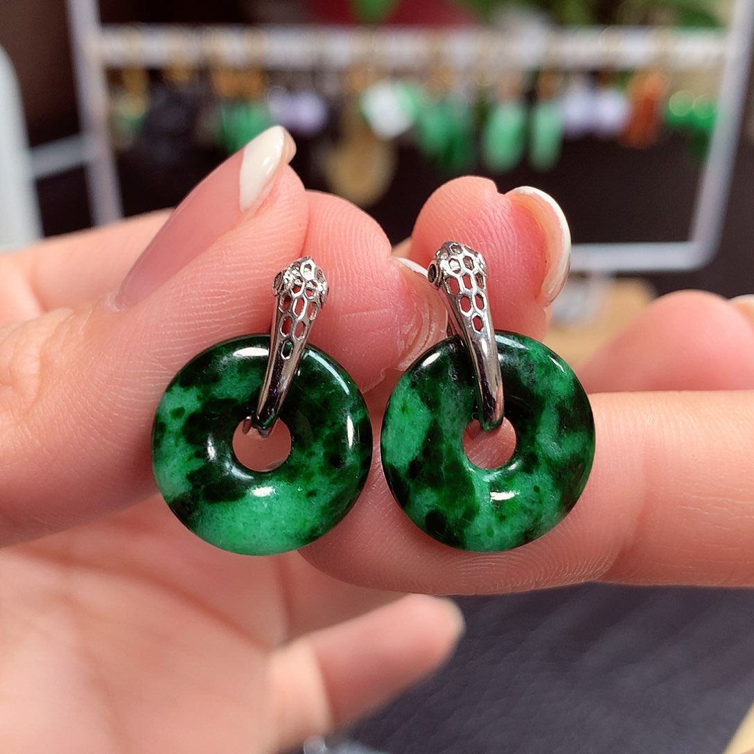 翡翠耳饰银S925镶嵌天然翡翠