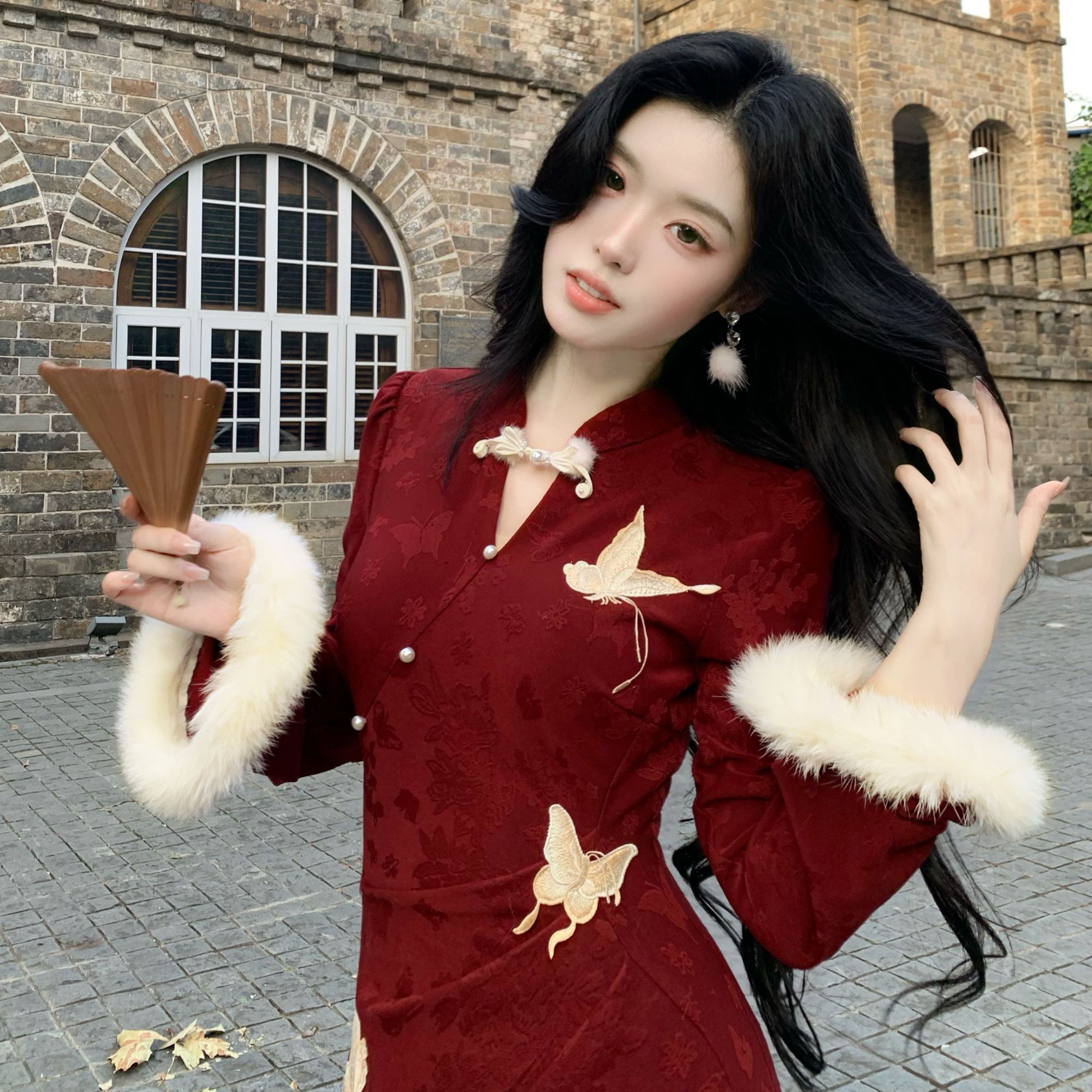 Blovelan赤羽琉璃 新中式国风改良彩蝶提花收腰旗袍连衣裙