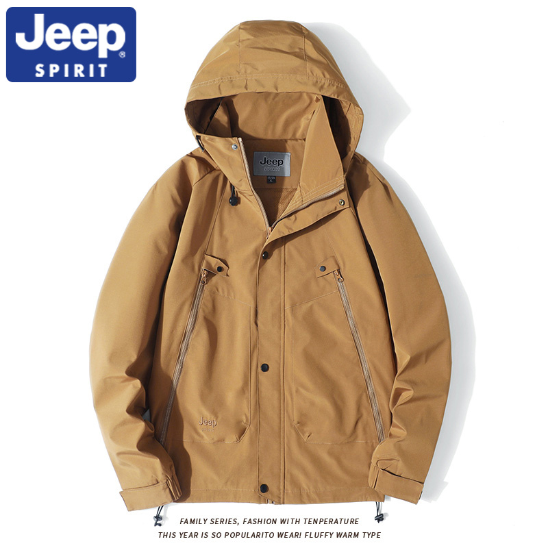 JEEPSPIRIT吉普户外冲锋衣男春秋季防风防水连帽夹克男士休闲外套