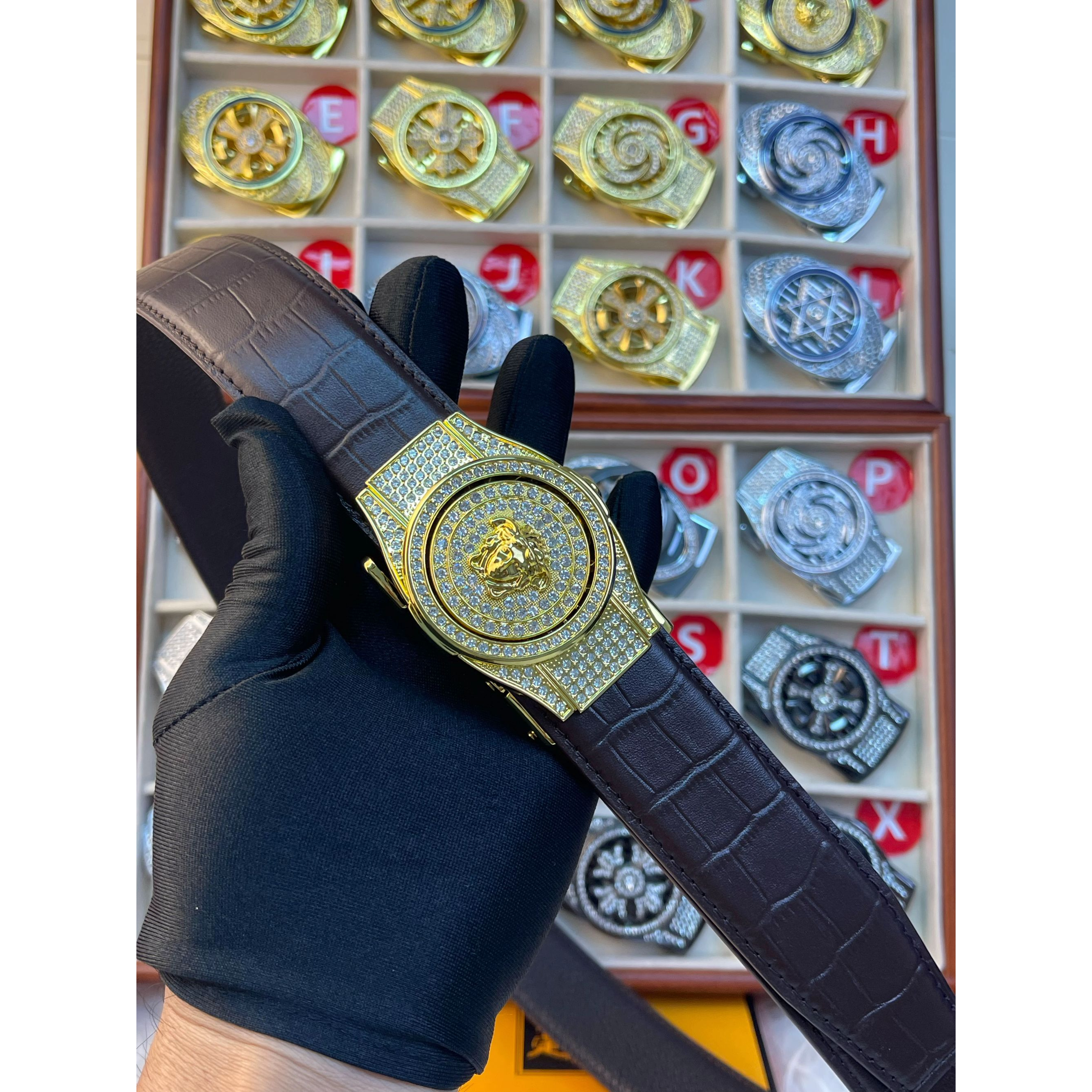 新款镶钻时来运转鳄鱼纹牛皮自动扣腰带男士商务皮带时尚休闲裤带