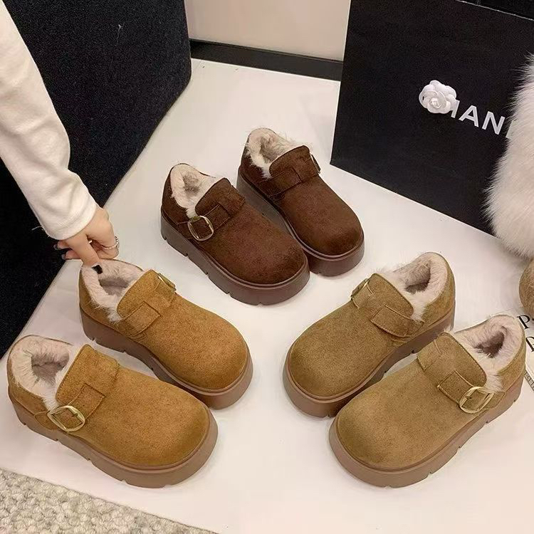 厚底加绒勃肯鞋女2025新款冬季保暖豆豆棉鞋一脚蹬博肯乐福鞋W-66