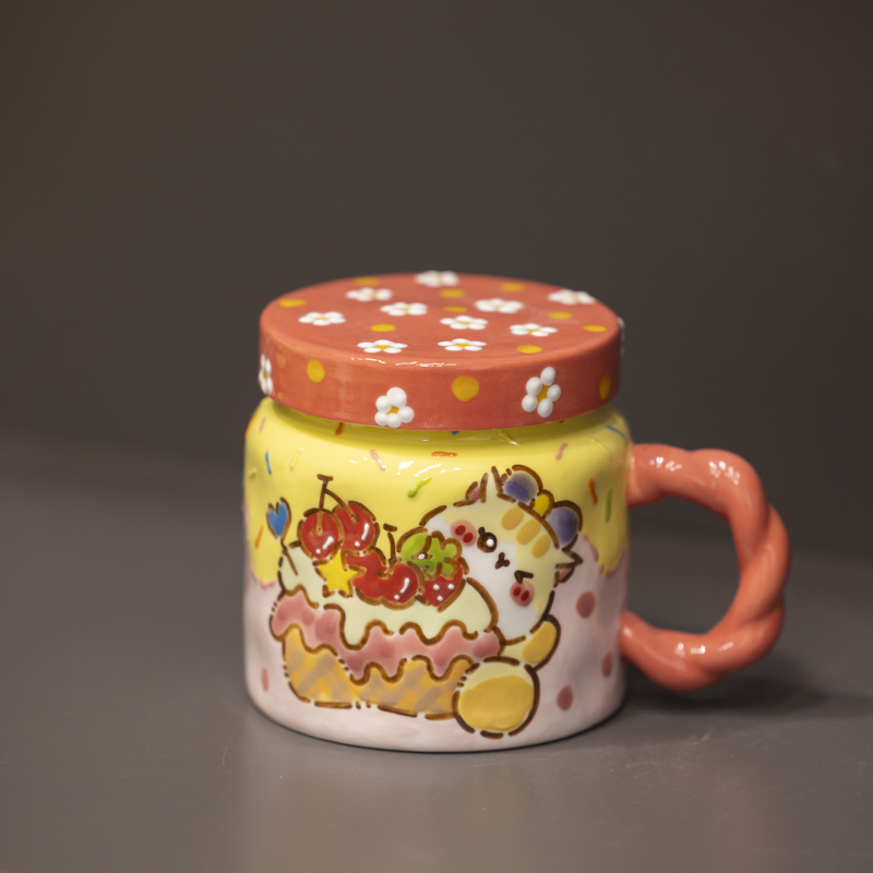 068手绘蛋糕小猫带盖水杯