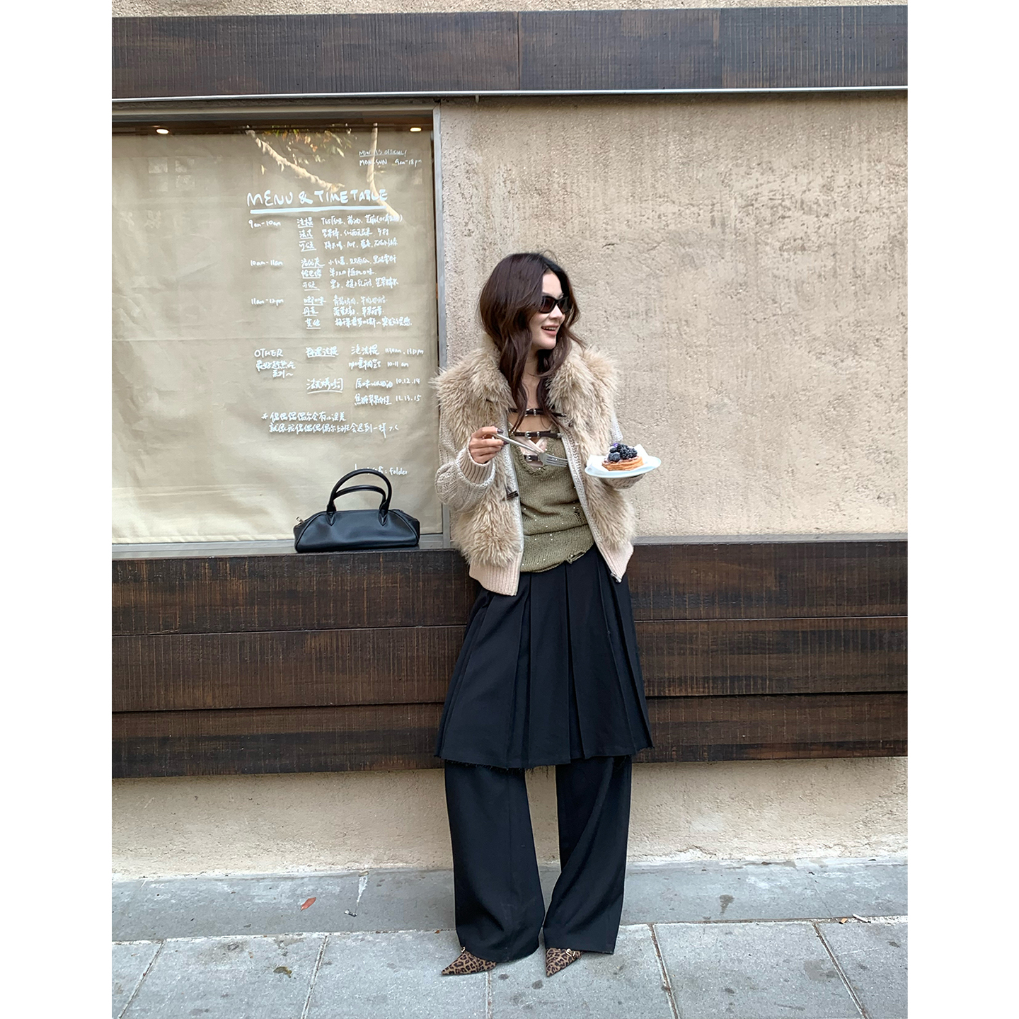 MAR 复古设计感真两件屁帘裤黑色休闲裤女可拆卸百褶裙屁帘703148