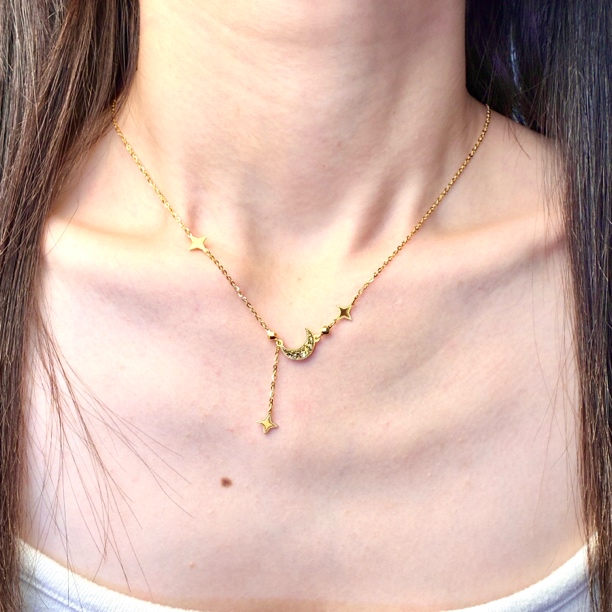 纯万福足金999黄金5g工艺碎碎冰星月流苏项链