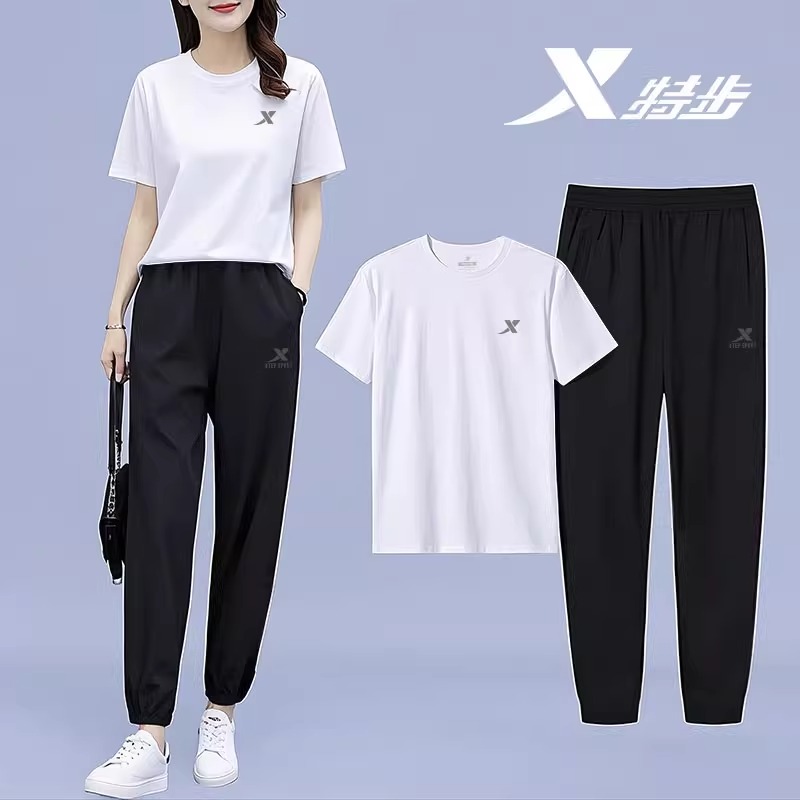 特步跑步套装女夏季薄款宽松T恤女圆领短袖冰丝速干长裤运动服女