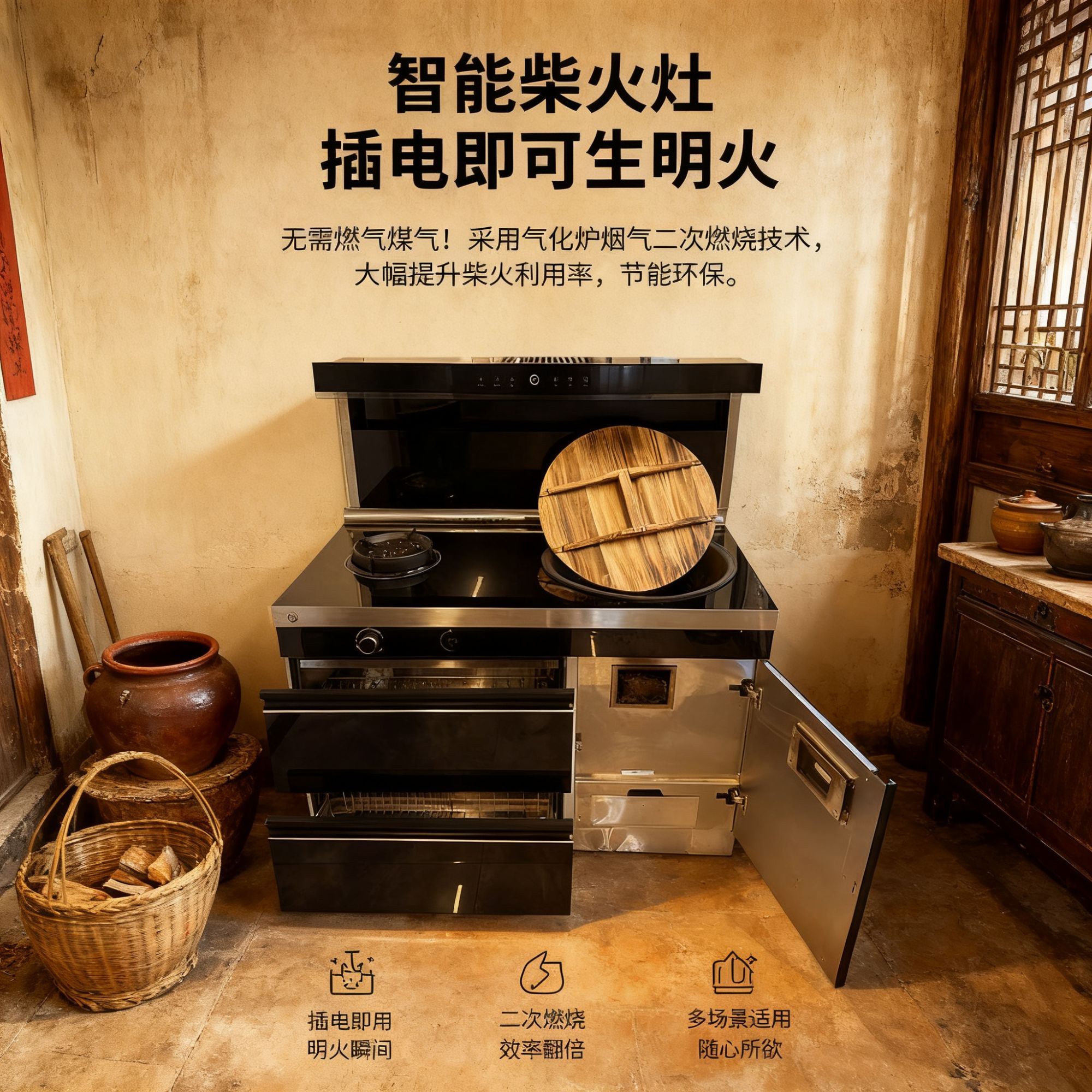 焱龙系能源明火灶 无烟柴火灶 蒸烤一体 适用于农村