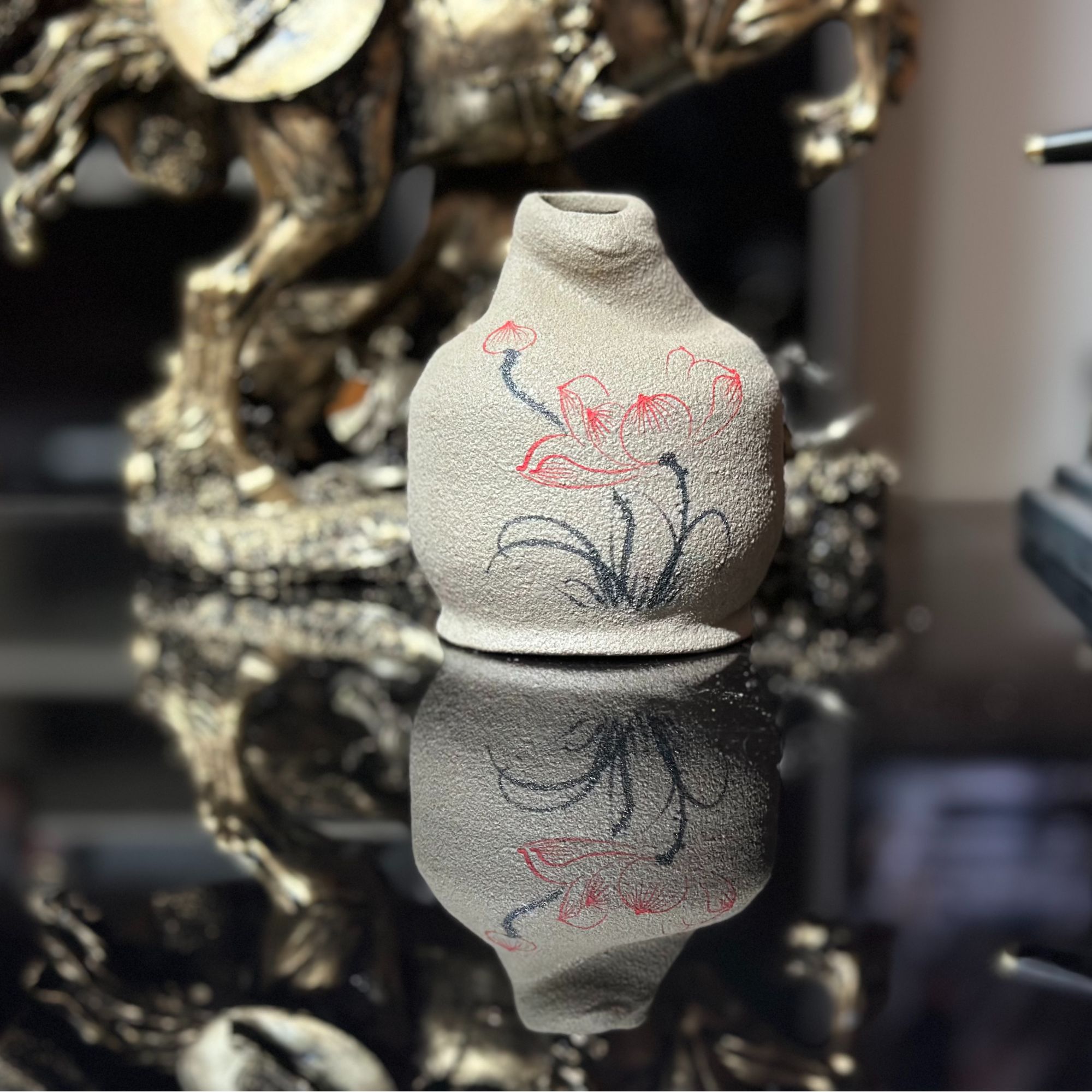 茶桌摆件手工素烧荷花瓶--147