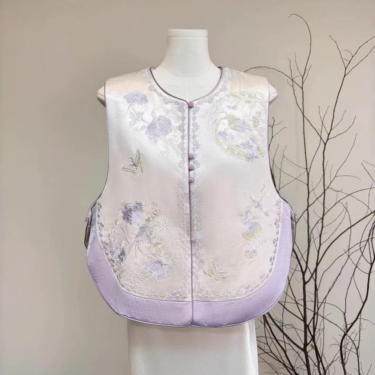 （紫菱绣）新中式国风新款重工刺绣复古圆领高端气质百搭马甲