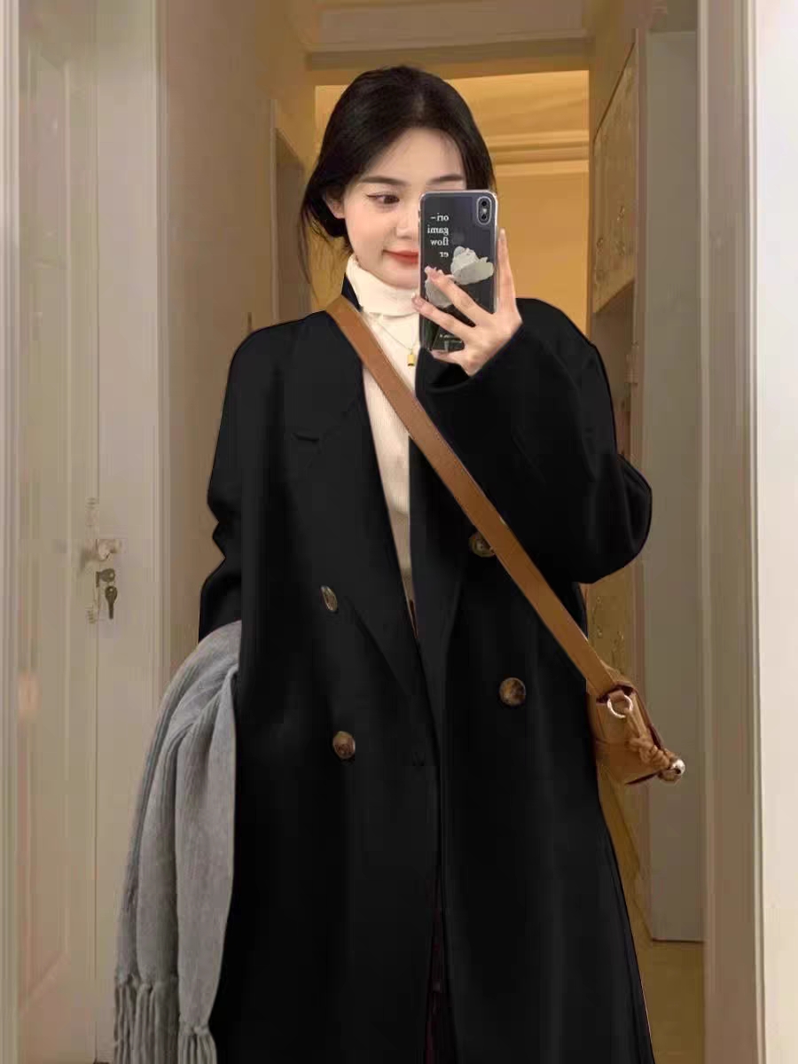 欧若风高级感双面羊绒呢子中长款韩版25秋冬新款百搭外套气质黑色