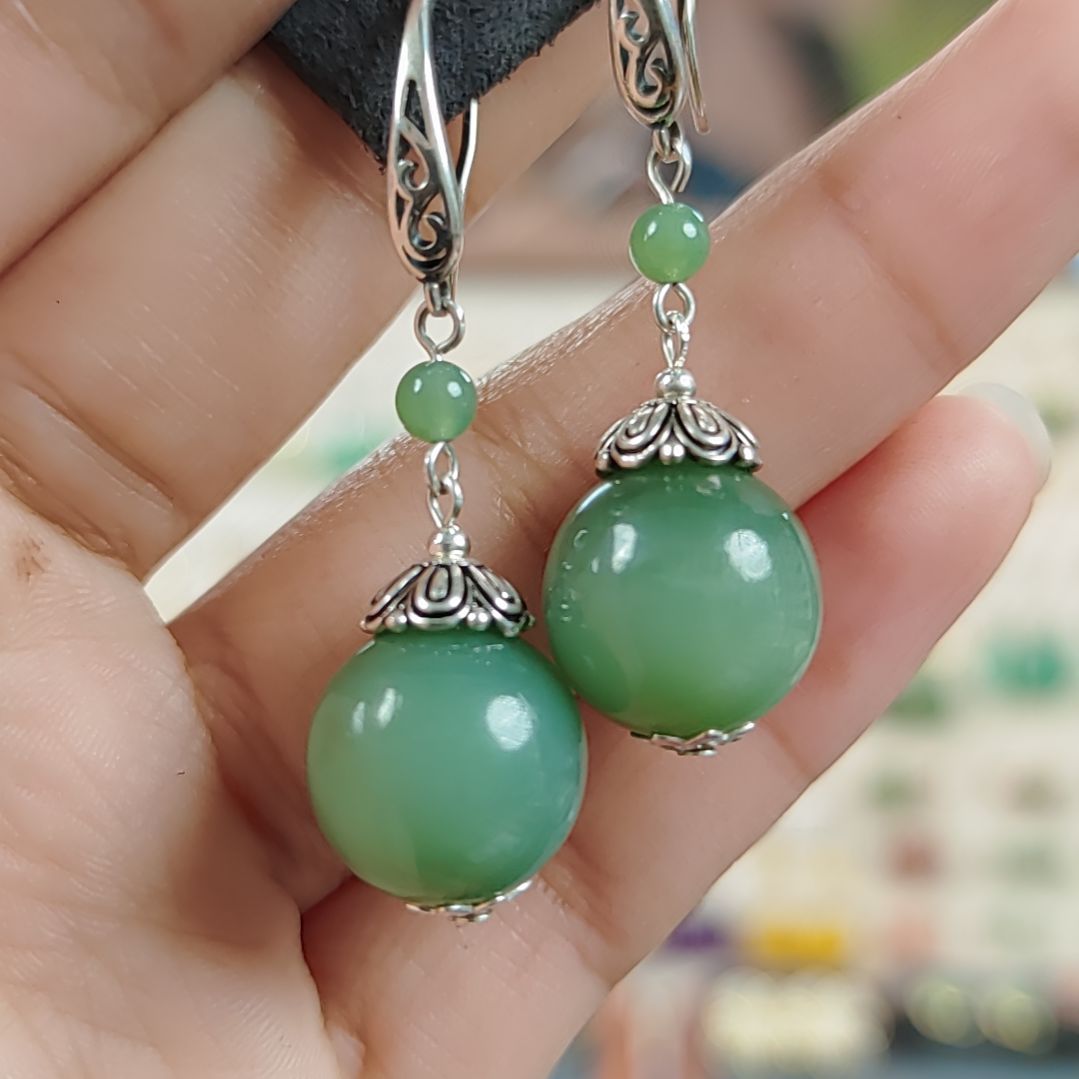 和田玉耳饰银S925镶嵌耳饰