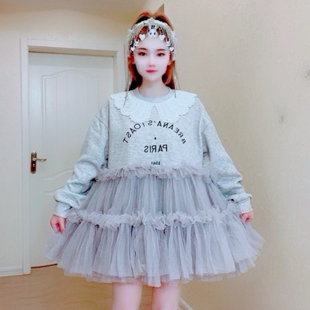 【面条仙仙】3494#高品质纱纱拼接刺绣娃娃领卫衣蓬蓬连衣裙