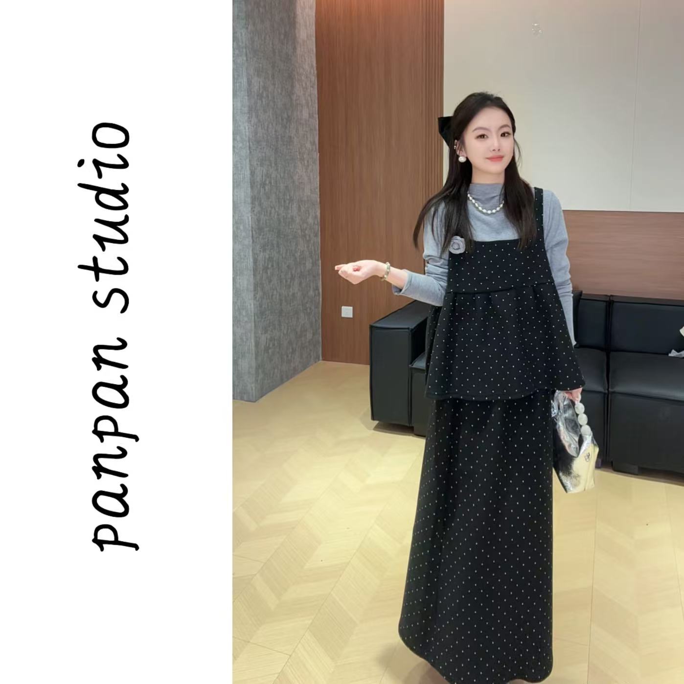 潘潘/2025秋冬新款时尚洋气款波点吊带高腰半身裙套装