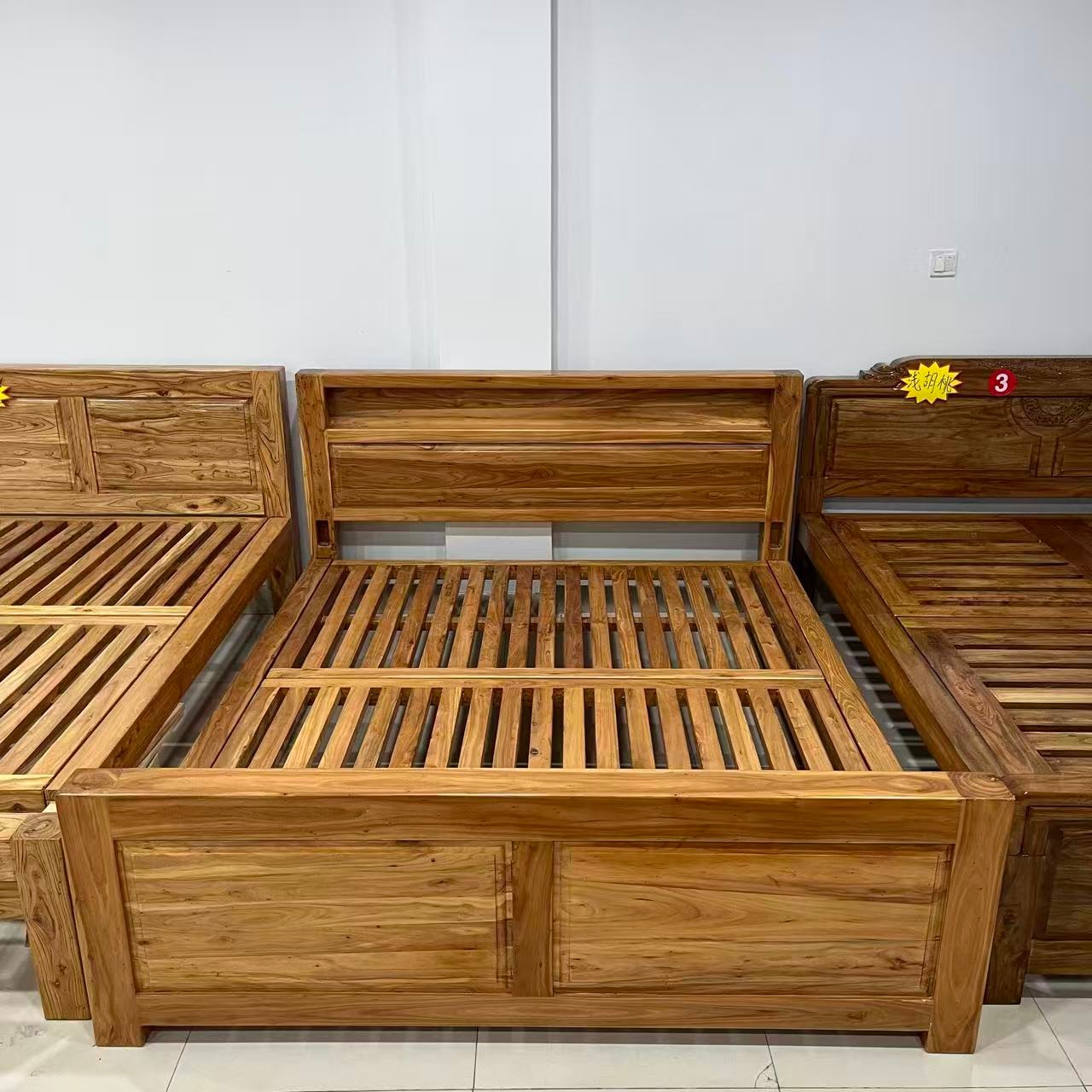 老榆木纯实木床纯原木单人双人床【储物格床头高床尾】10*10cm床腿