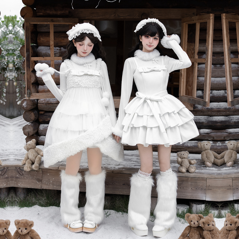 【白巧】withpuji原创设计 毛绒外套三段摆jsk罩裙套装冬季lolita